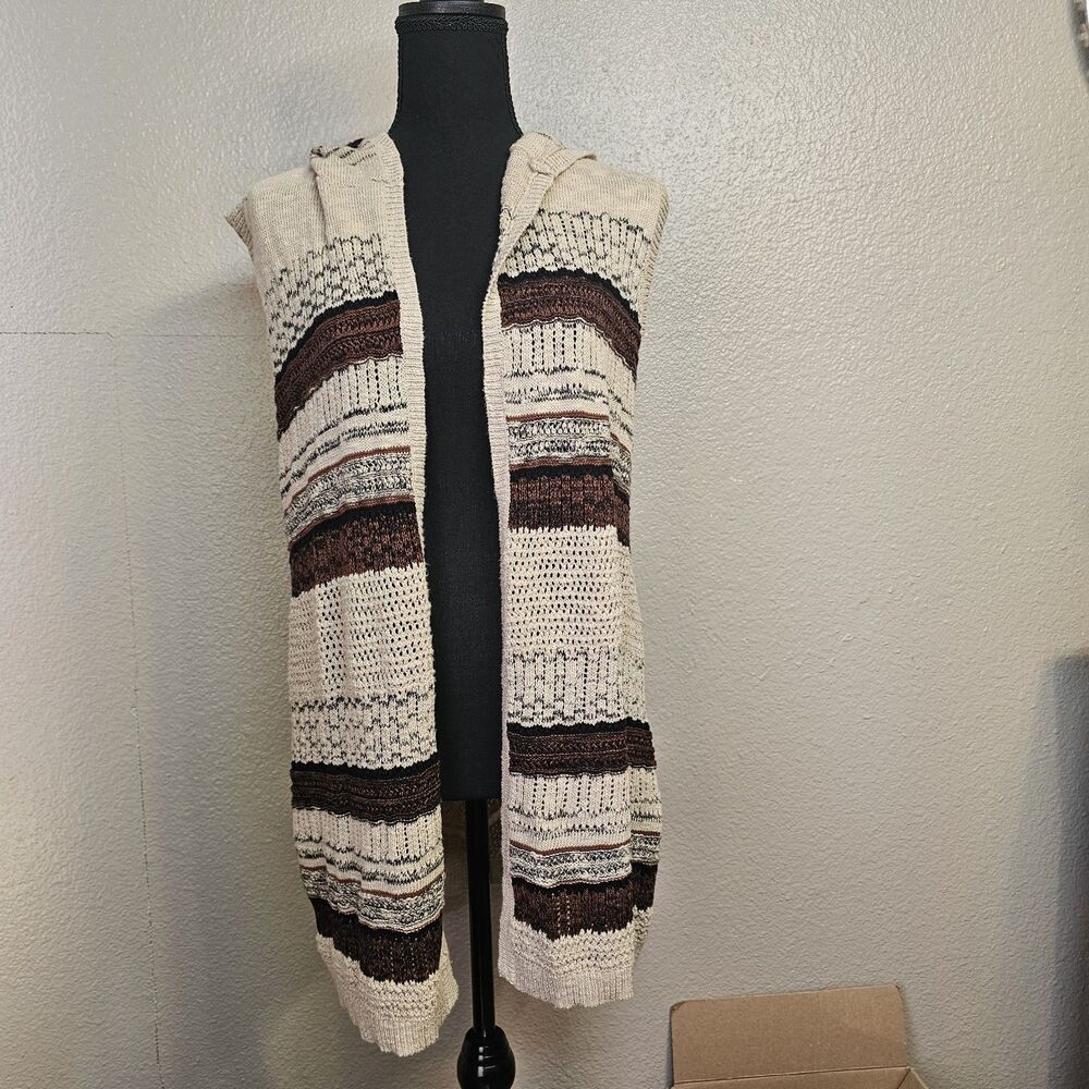 EST. 1946 Boho Hood Sleeveless Knit Open Cardigan Vest XL Cream Brown Aztec EE42
